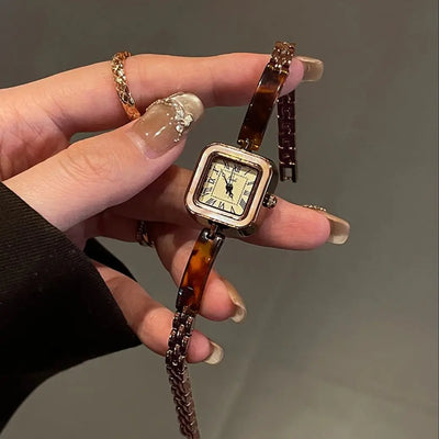 Vintage Square Dial Quartz Watch with Amber Bracelet