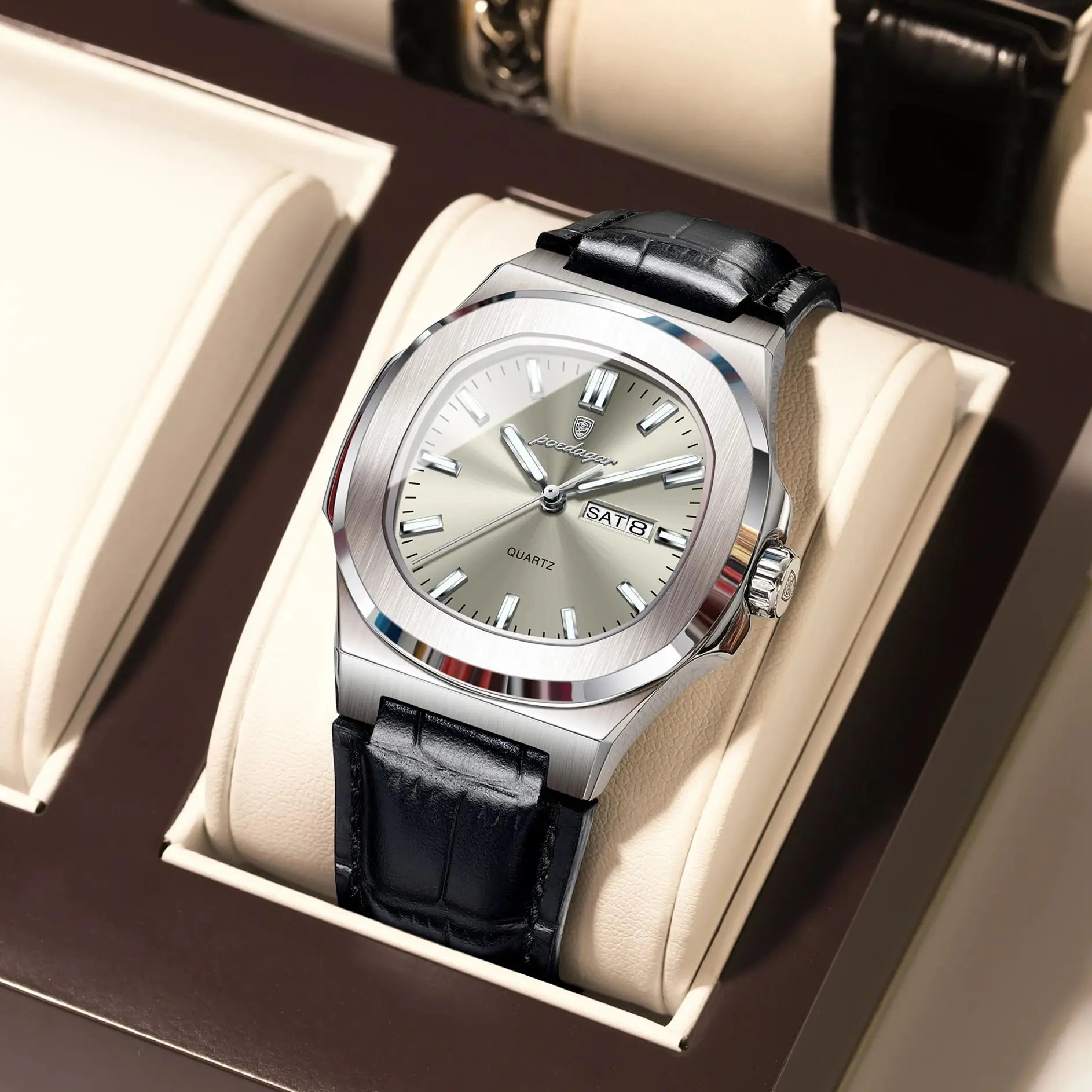 Watch Square Case Leather Strap with Date Window