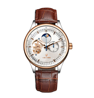 Skeleton Mechanical Watch Moon Phase Leather Strap - Rose White