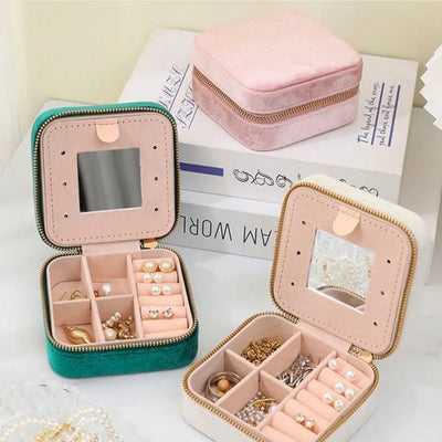 Velvet Double Layer Jewelry Box with Mirror Travel Case