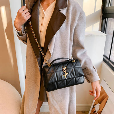 Quilted Chain Flap Shoulder Bag With Gold Logo Accent