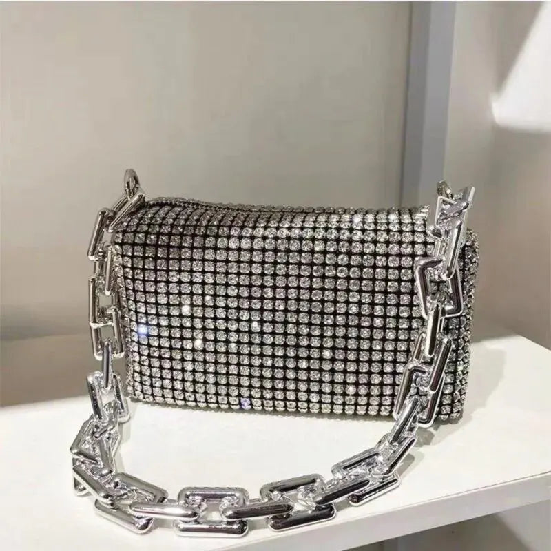 Rhinestone Cascade Bucket Bag With Crystal Chain Detail
