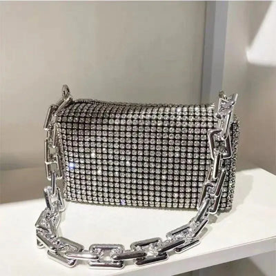 Rhinestone Cascade Bucket Bag With Crystal Chain Detail