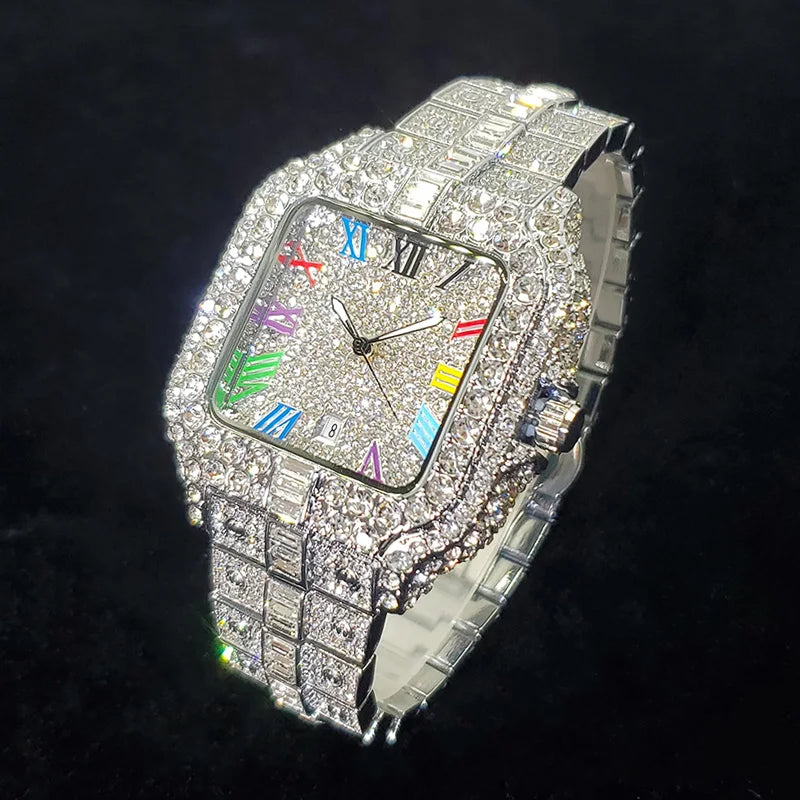 Diamond Paved Square Watch with Roman Numerals
