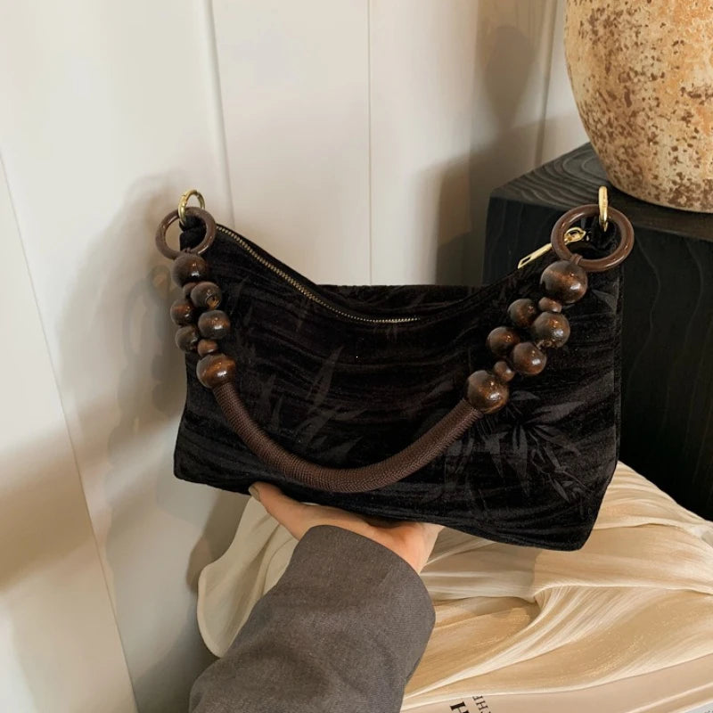 Cotton Canvas Tote Bag with Wooden Bead Handle
