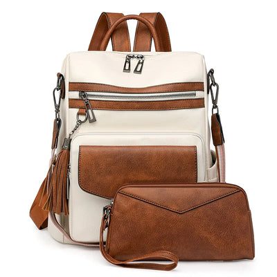 Backpack with Fringe Design and Multi Pocket Layout - White