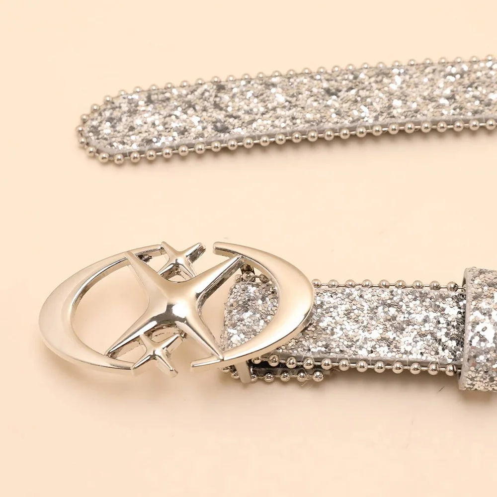 Sequin Belt with Glitter Star Buckle for Women