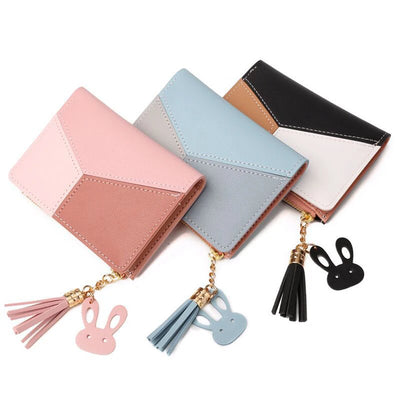 Geometric Patchwork Wallet With Tassel Charm Card Slots