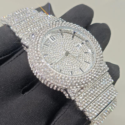 Diamond Paved Stainless Steel Watch with Luminous Dial
