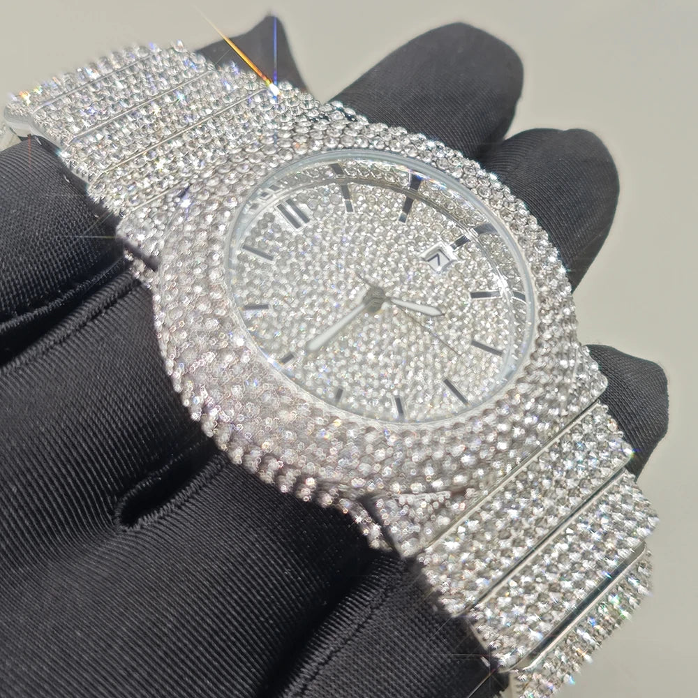 Diamond Paved Stainless Steel Watch with Luminous Dial