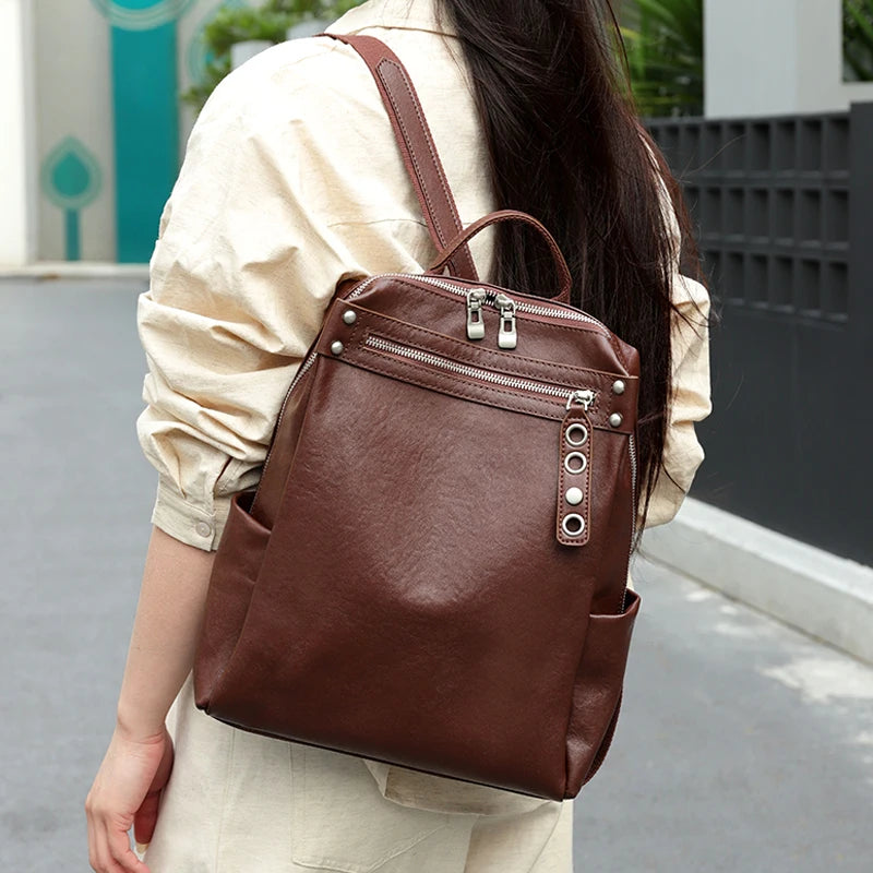 Genuine Cow Leather Backpack with Multiple Pockets