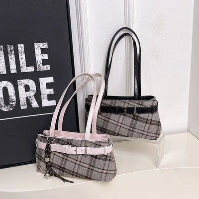 Plaid Shoulder Bag with Belt Strap Bell Charm