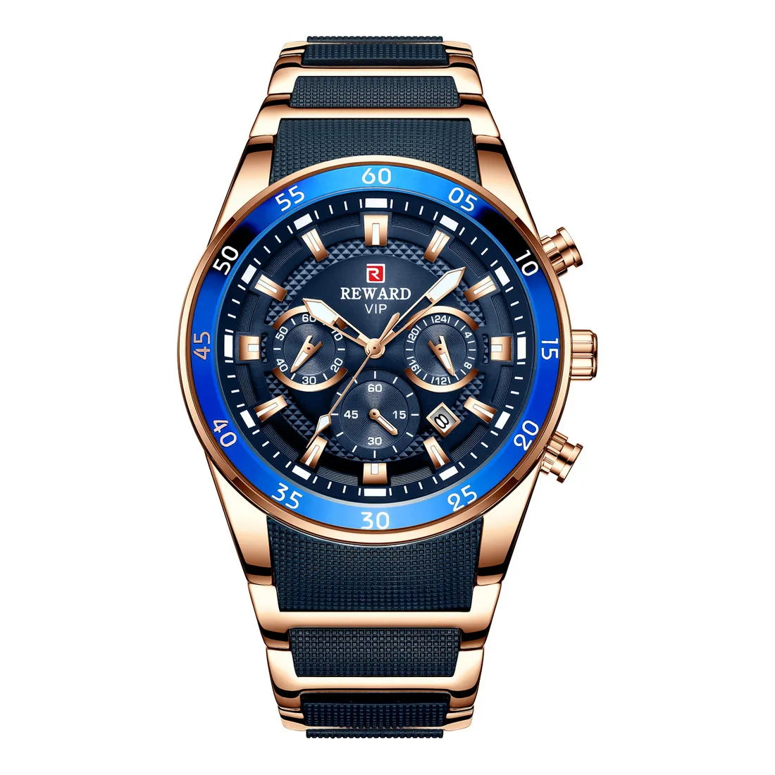 Big Dial Chronograph Watch Stainless Steel Case - Gold Blue