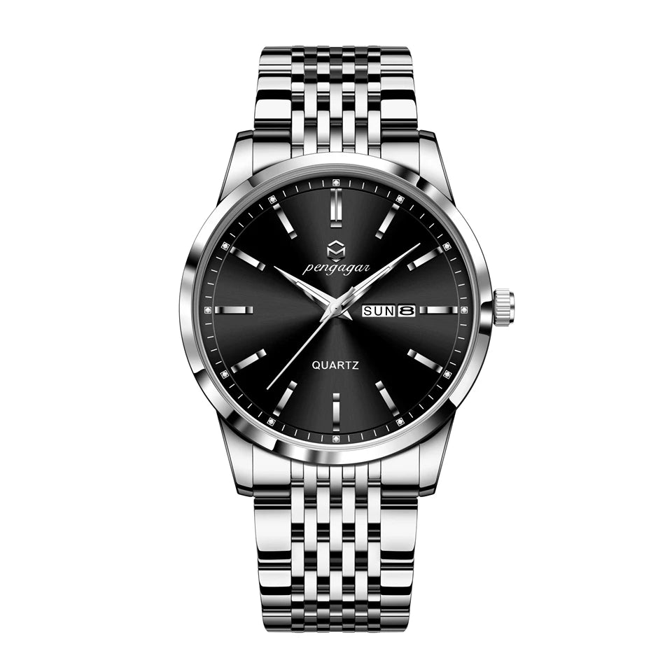 Luminous Quartz Wristwatch with Date Water Resistant - Silver Black