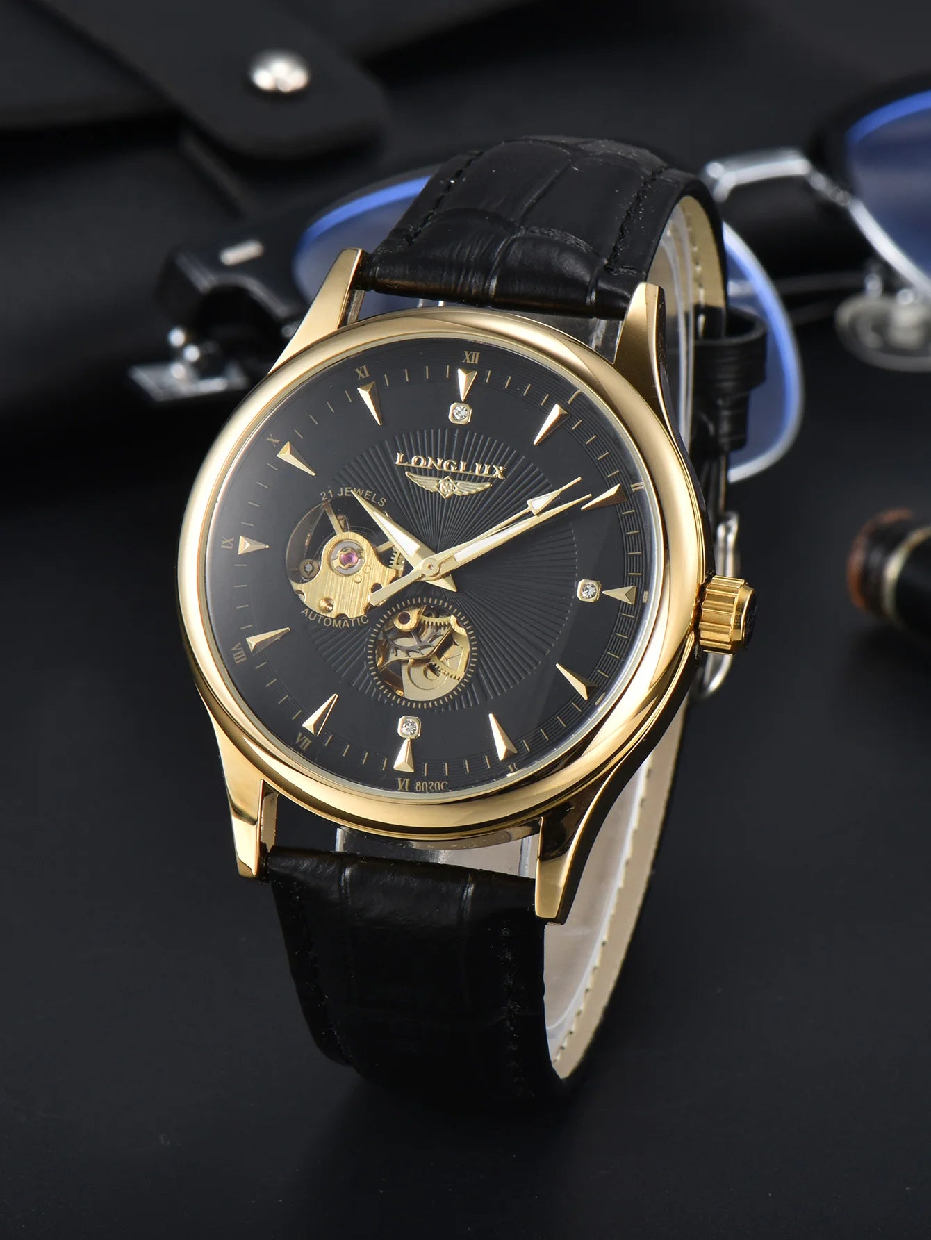 Mechanical Wristwatch Open Heart Leather Strap