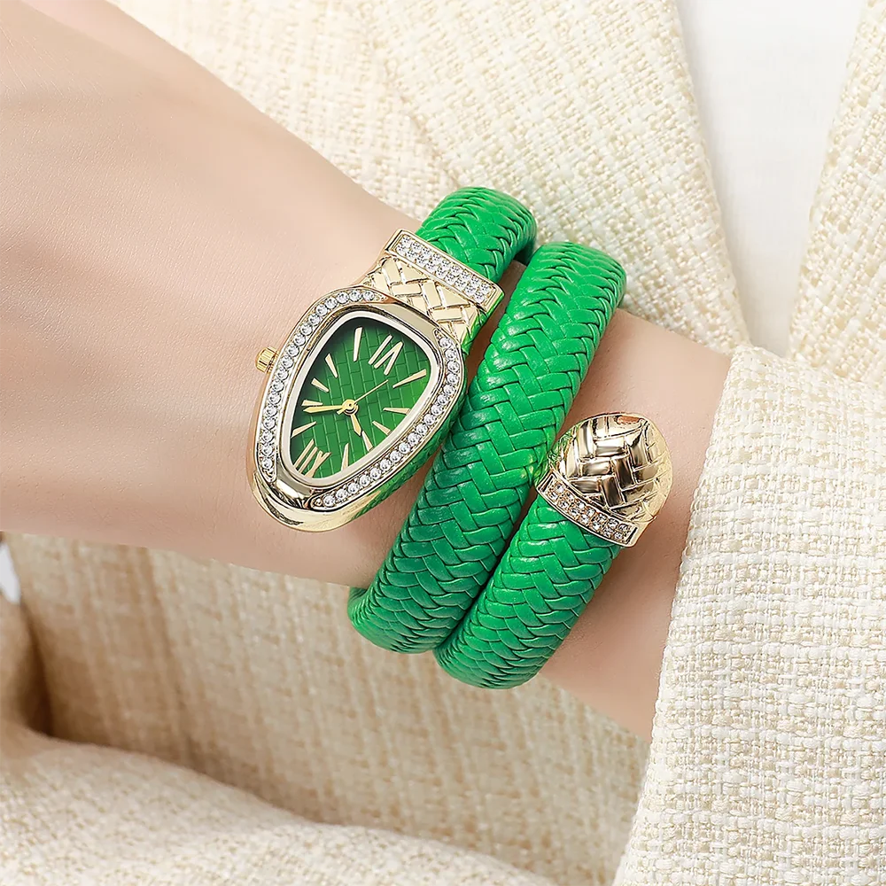 Serpentine Crystal Encrusted Timepiece With Double Wrap