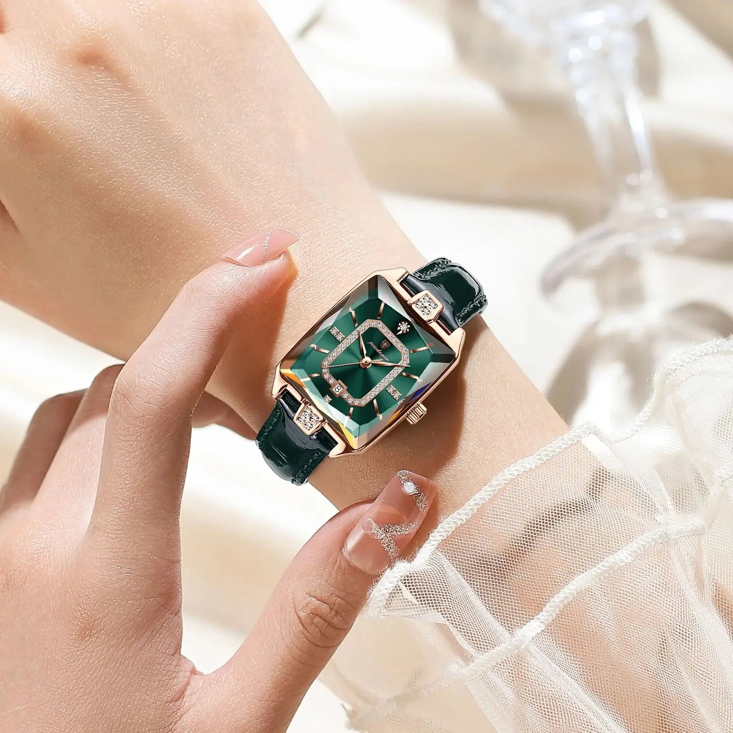 Rectangle Luxe Watch With Diamond Crystal Frame Design - WO2MEN