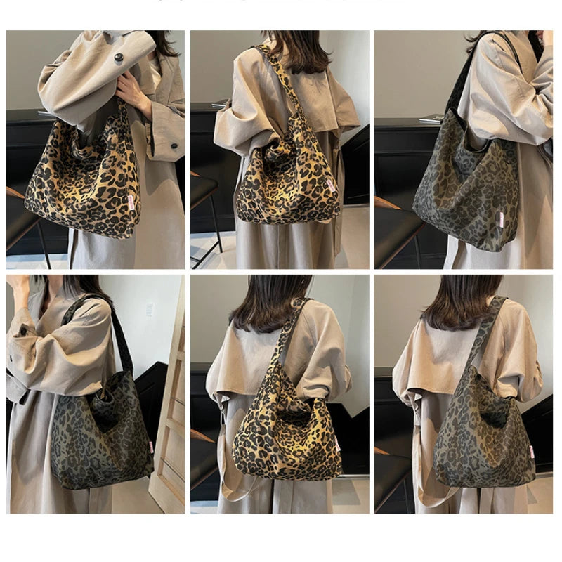 Leopard Pattern Shoulder Bag Vintage Large Tote Two Handles