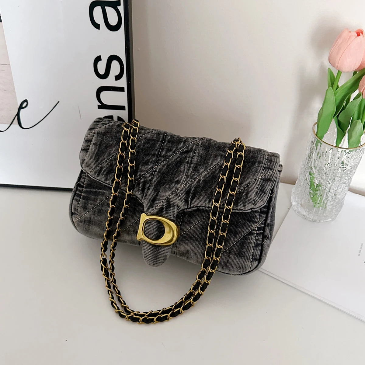 Quilted Shoulder Bag with Chain Strap Clasp Detail