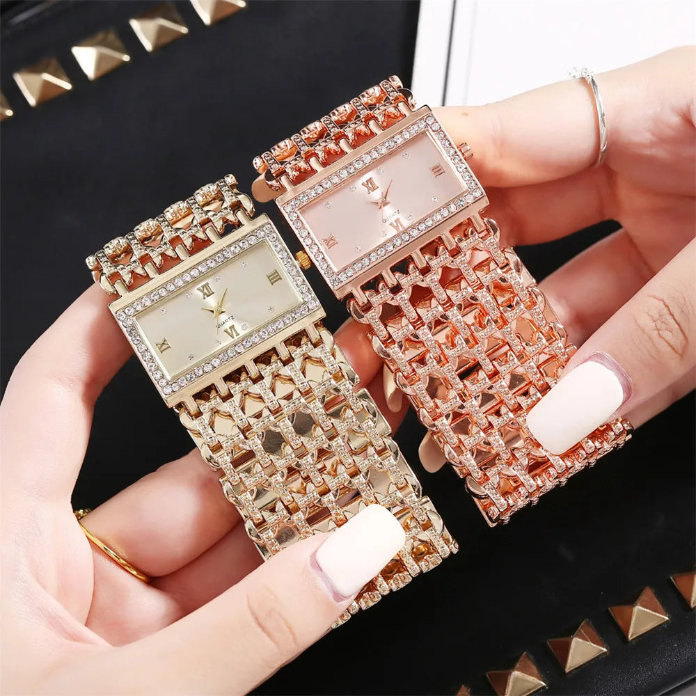 Rectangular Quartz Watch with Crystals And Bracelet