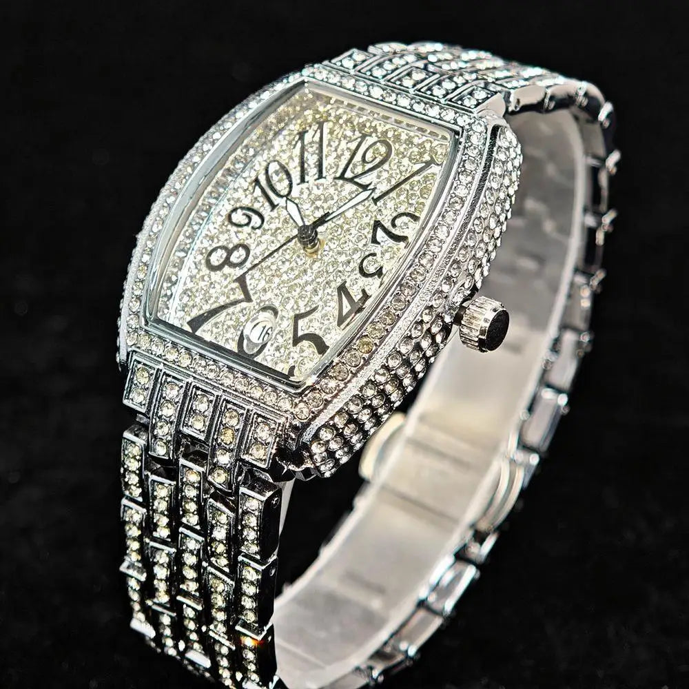 Tonneau Style Paved Bracelet Watch with Calendar