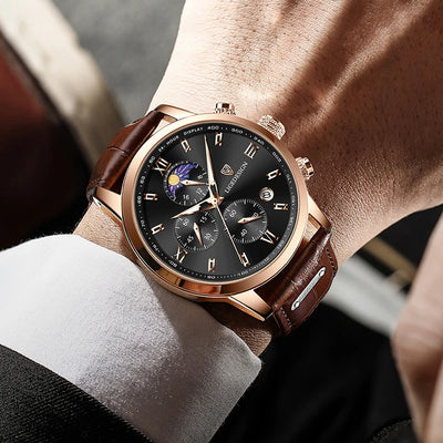Men Leather Strap Watch Moon Phase Chronograph