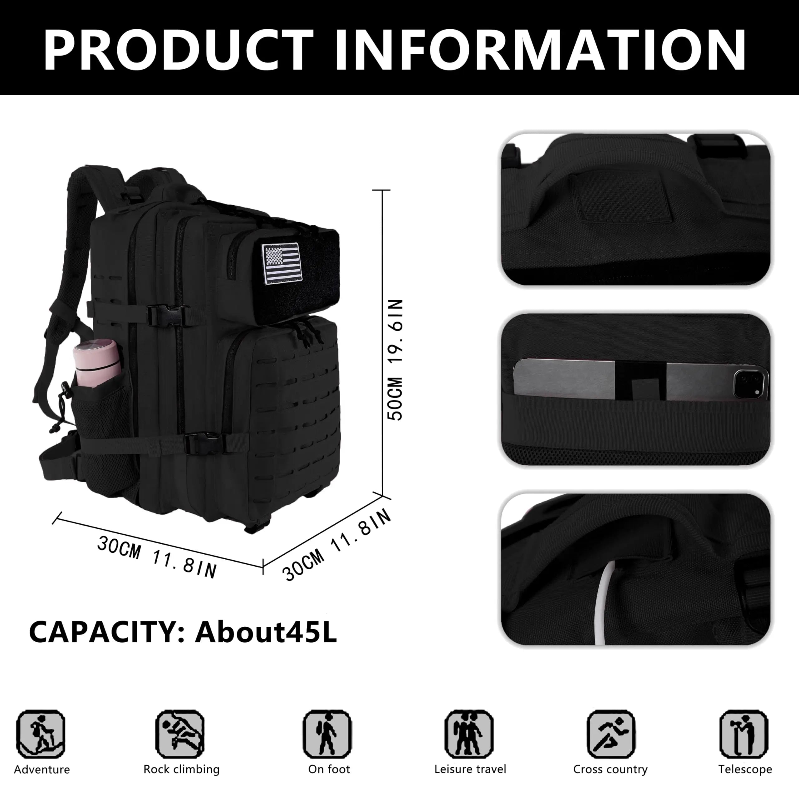 Mens 45L Molle Backpack for Outdoor Hiking Bottle Stand