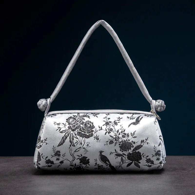 Shoulder Bag Embroidered Silk Floral Detailing