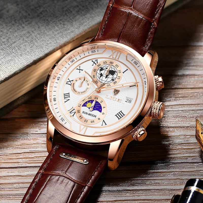 Moon Phase Chronograph Watch with Roman Numeral Dial
