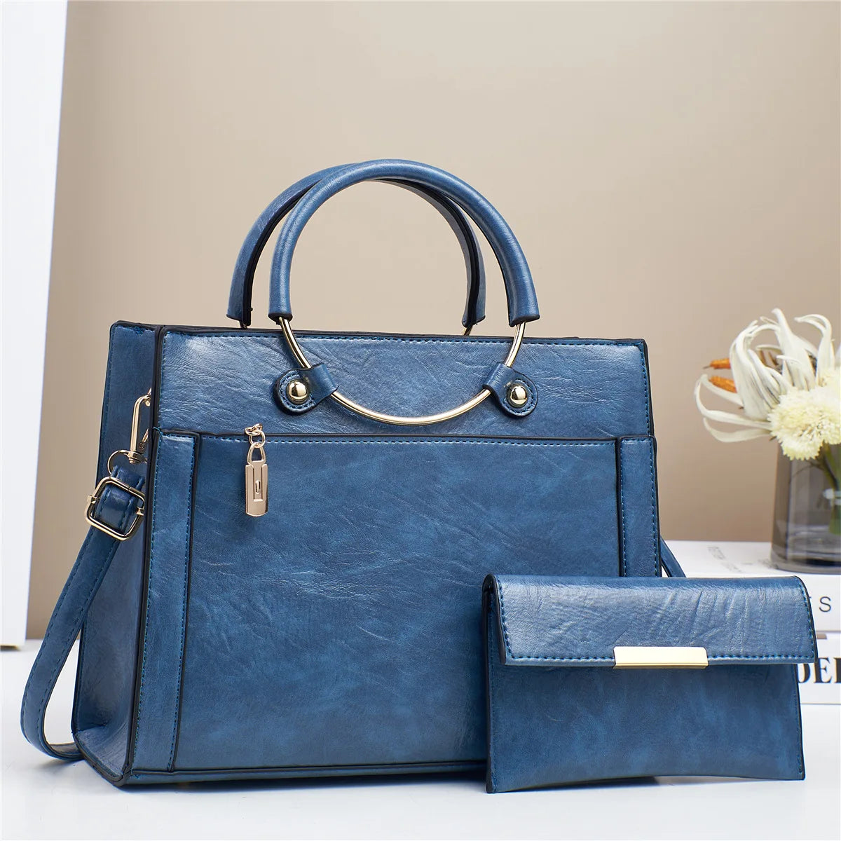 Structured Bucket Handbag with Gold Ring Handle