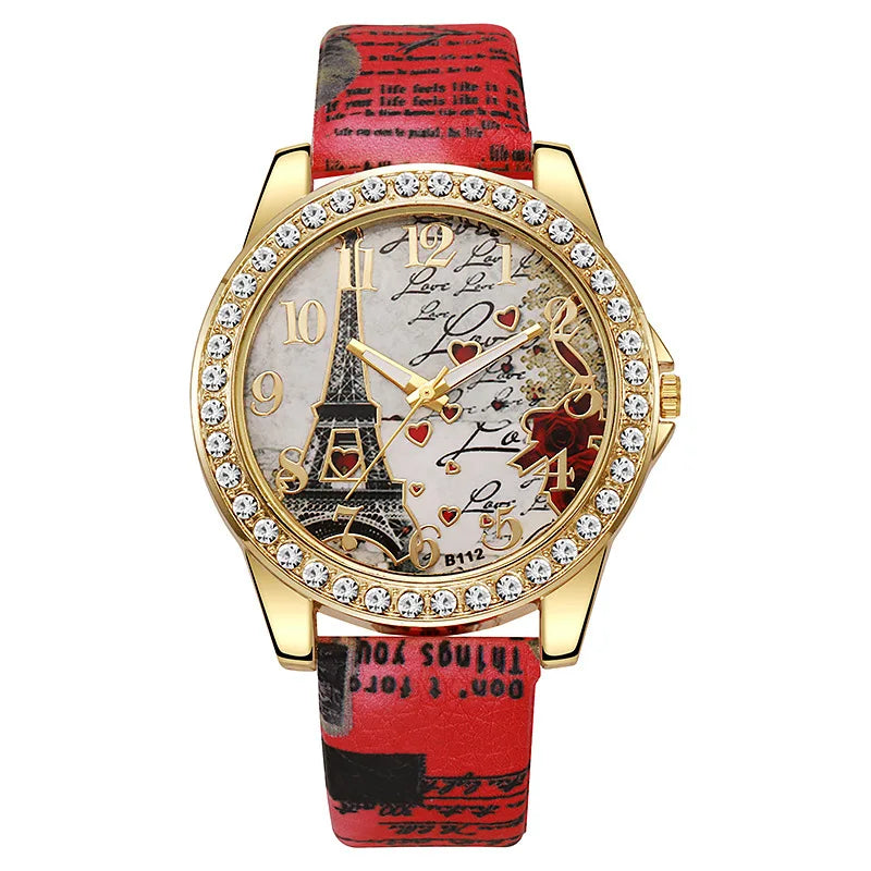 Eiffel Tower Dial Watch With Crystal Bezel Fashion - Red