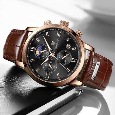 Men Leather Strap Watch Moon Phase Chronograph