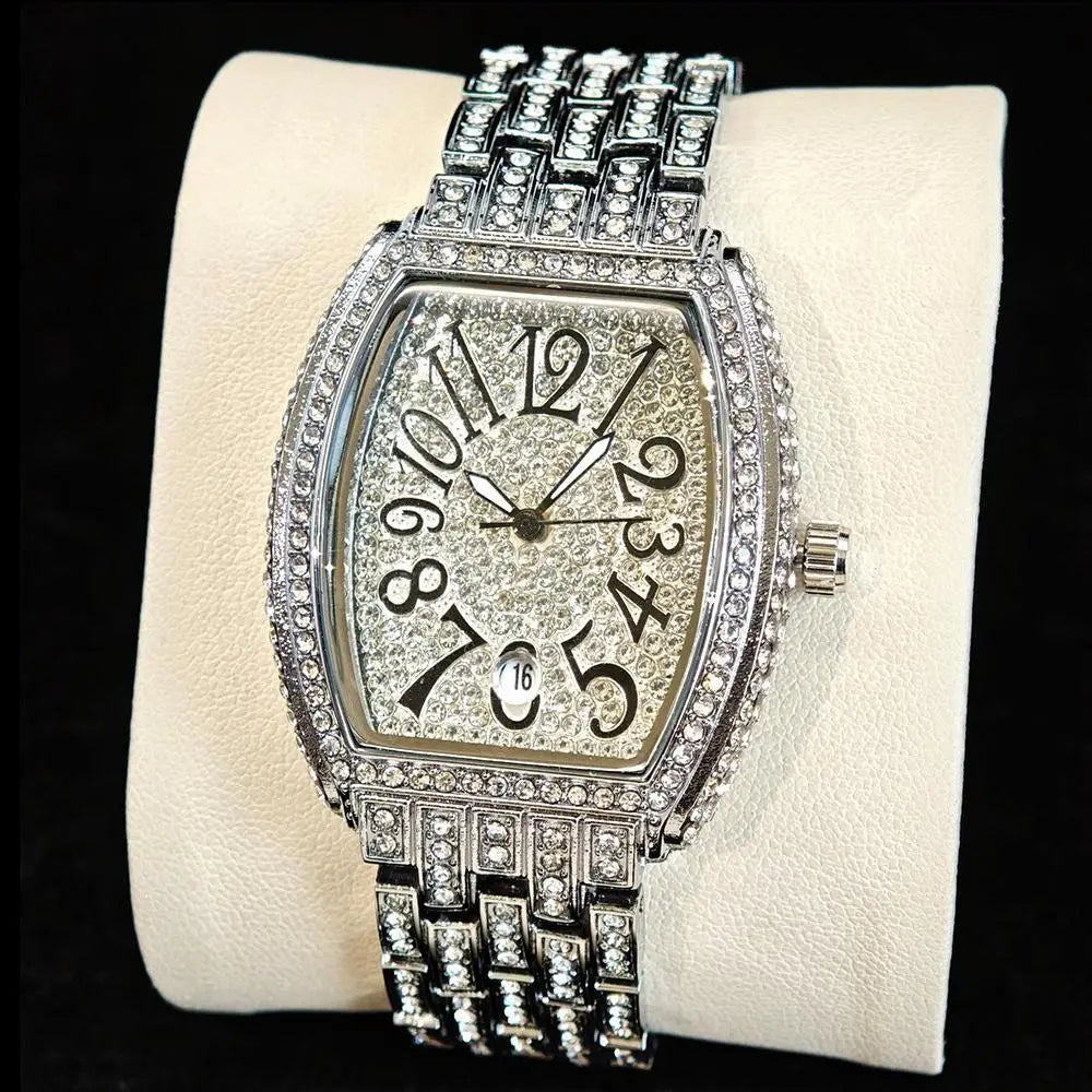 Tonneau Style Paved Bracelet Watch with Calendar