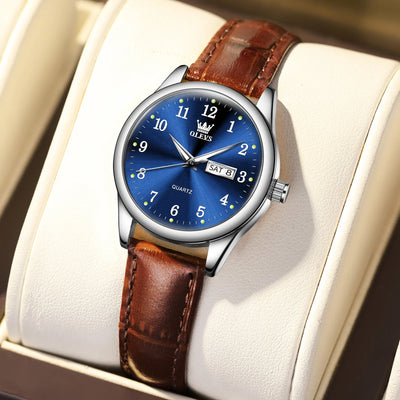Women Stainless Steel Watch with Date Window Classic - Brown Blue