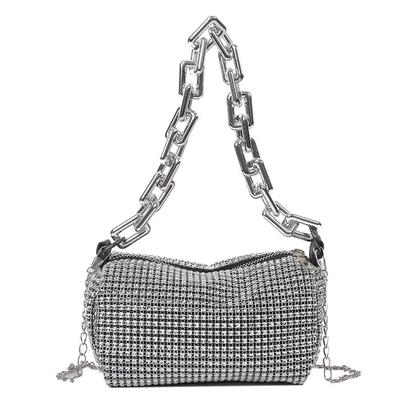 Rhinestone Cascade Bucket Bag With Crystal Chain Detail