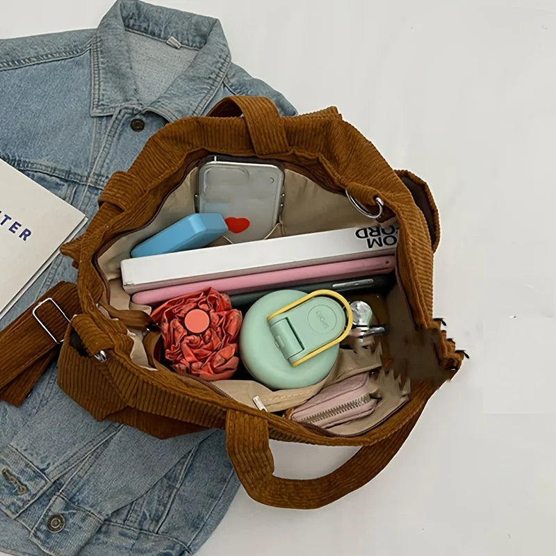 Large Capacity Corduroy Tote Bag with Front Pockets