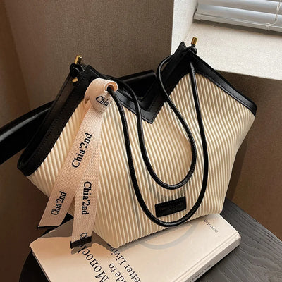 Handbag Pleated Texture Tote With Ribbon Detail Accent - WO2MEN