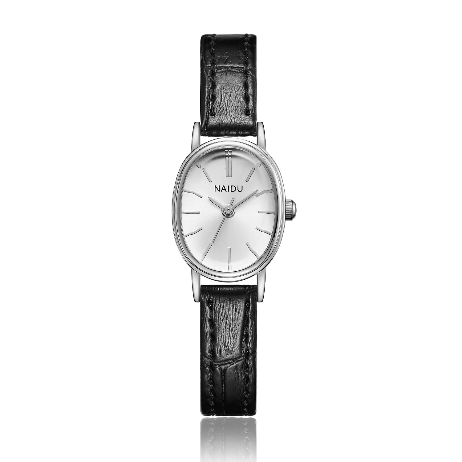 Oval Case Ladies Watch with Leather Strap Fine - Silver