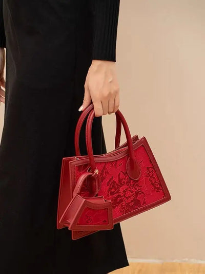 Handbag with Floral Embroidery Textured Structured Tote - WO2MEN