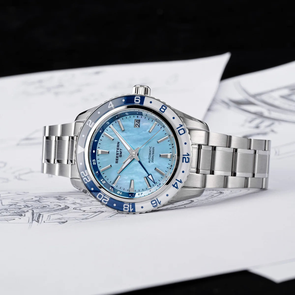 GMT Automatic Diver Watch Crystal Bezel Stainless Steel