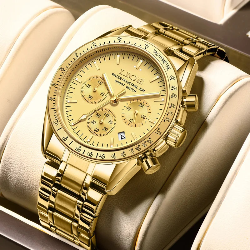 Chronograph Stainless Steel Watch with Water Resistance - Gold
