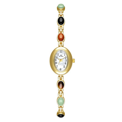 Elegant Oval Face Watch with Gemstone Bracelet