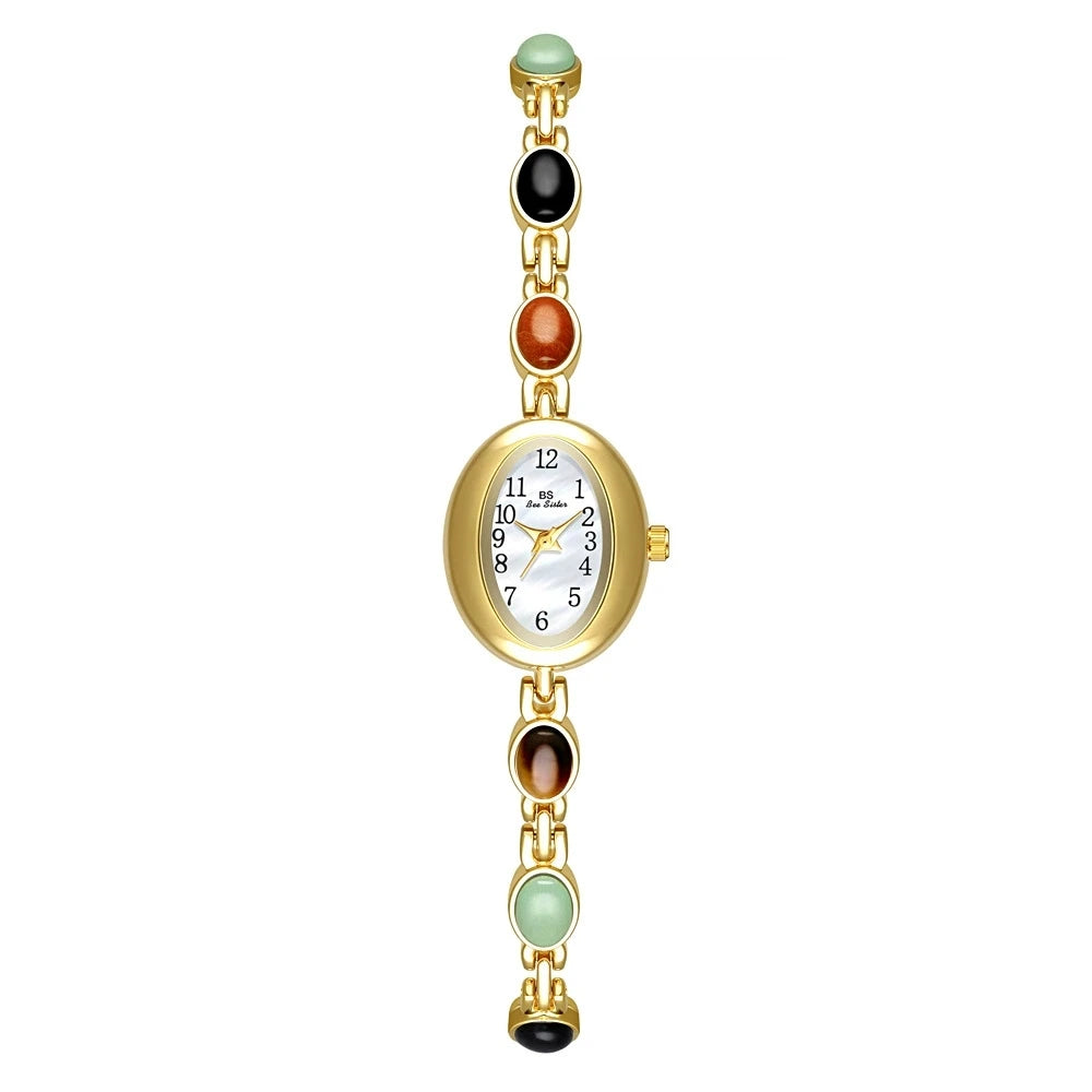 Elegant Oval Face Watch with Gemstone Bracelet - White