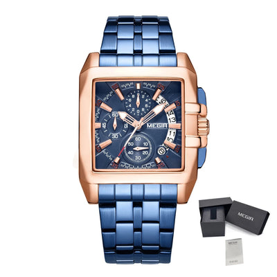 Chronograph Watch Square Dial with Calendar Date - Blue Rose Blue