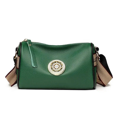 Emblem Crossbody Bag With Wide Strap And Circular Clasp