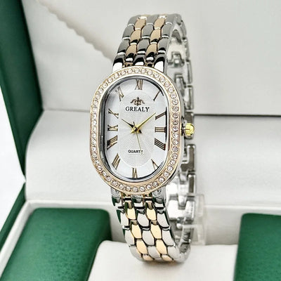 Oval Diamond Encrusted Watch with Roman Numeral Dial