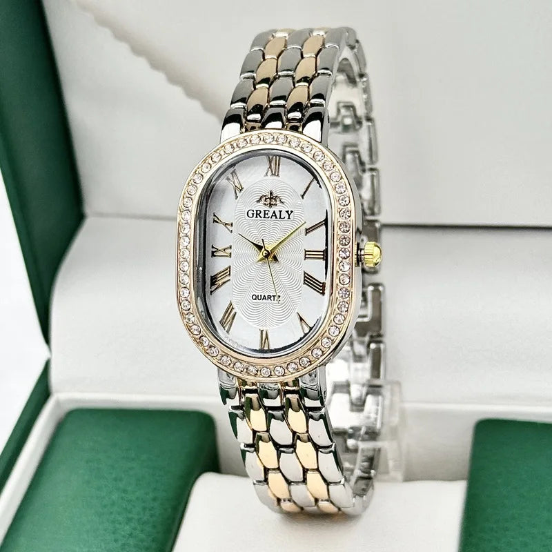 Oval Diamond Encrusted Watch with Roman Numeral Dial