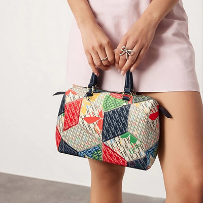 Refined Jacquard Motif Bowling Handbag with Tassel