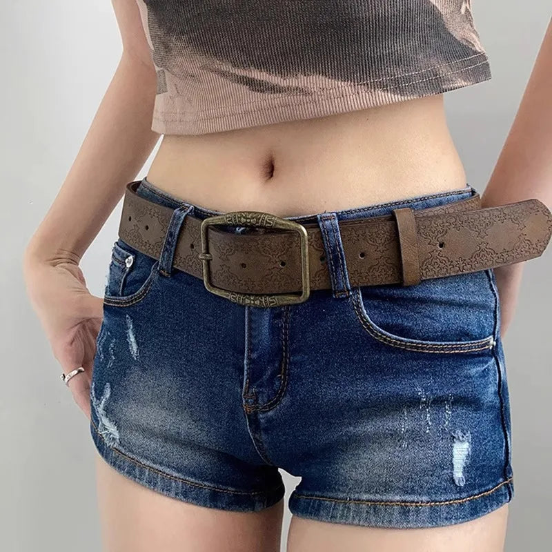 Floral Embossed Belt with Ornate Buckle Detail