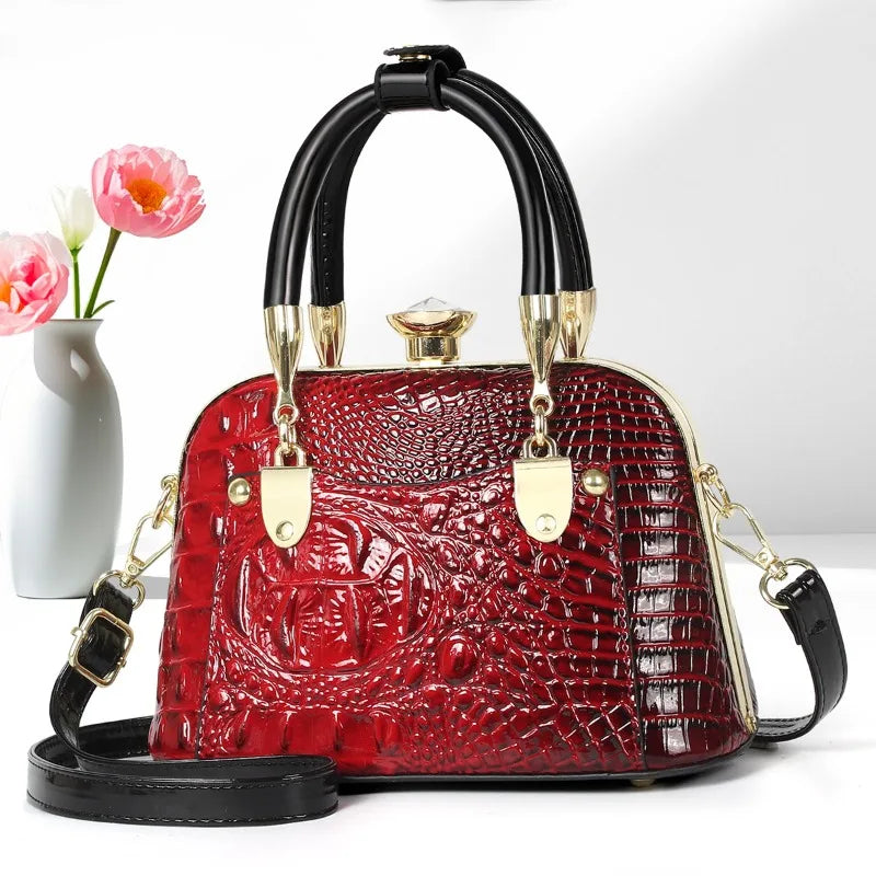 Crocodile Pattern Shoulder Bag with Gold Hardware